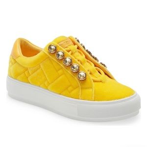 KURT GEIGER London Liviah Yellow Velvet Jeweled Sneakers